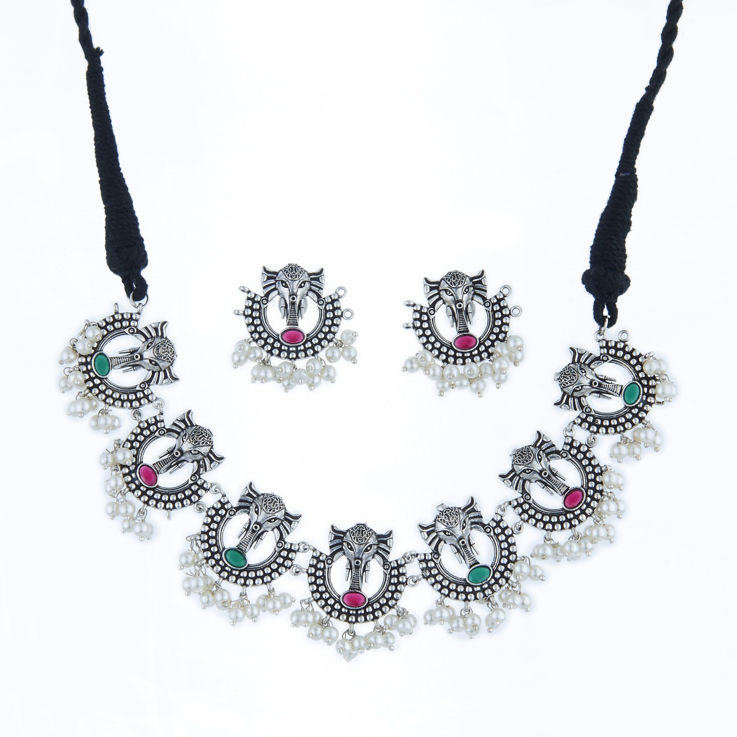 Oxidized Green & Pink Stone Necklace