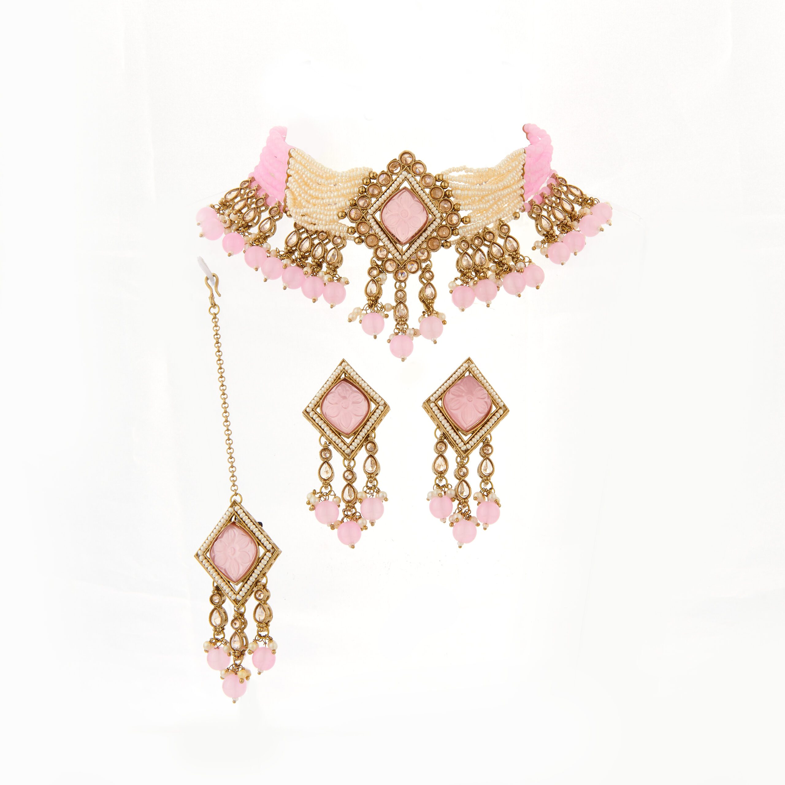 Stone Studded Kundan Necklace Set with Earrings and Maang Tikka
