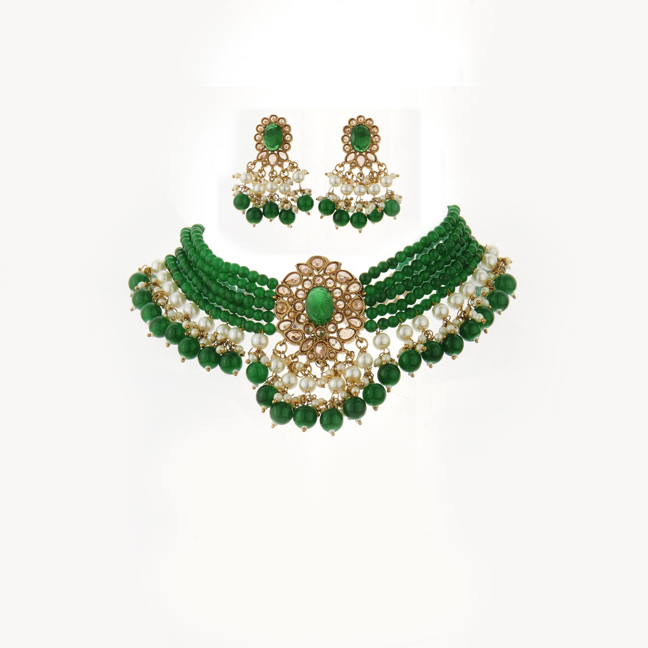 Stone Kundan Beaded Choker Necklace Set with Earrings