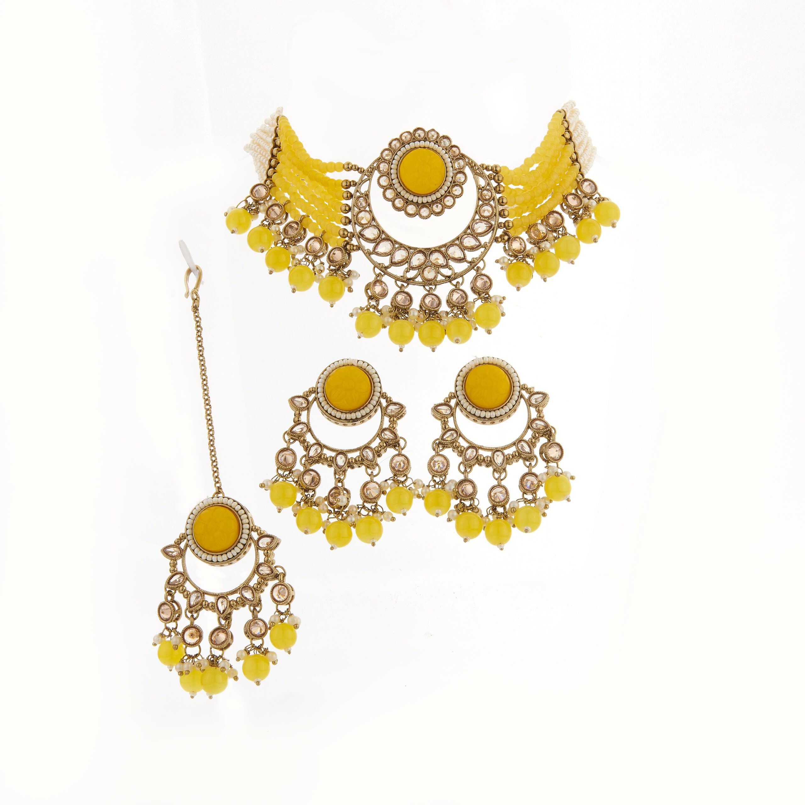 Stone Kundan Choker Necklace Set with Chand Bali Earrings and Maang Tikka