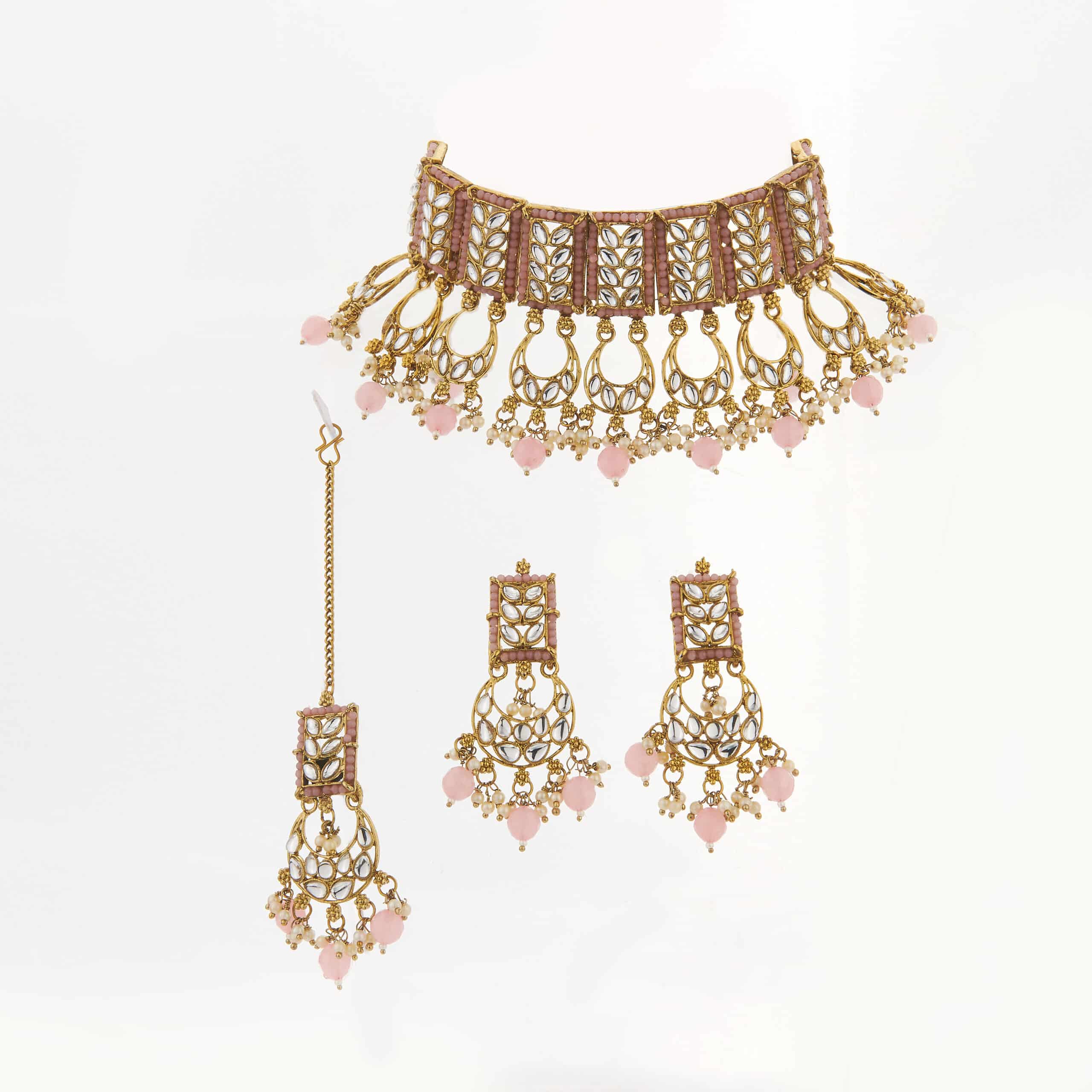 Buy Pink Kundan Necklace with Earrings and Maang Tikka