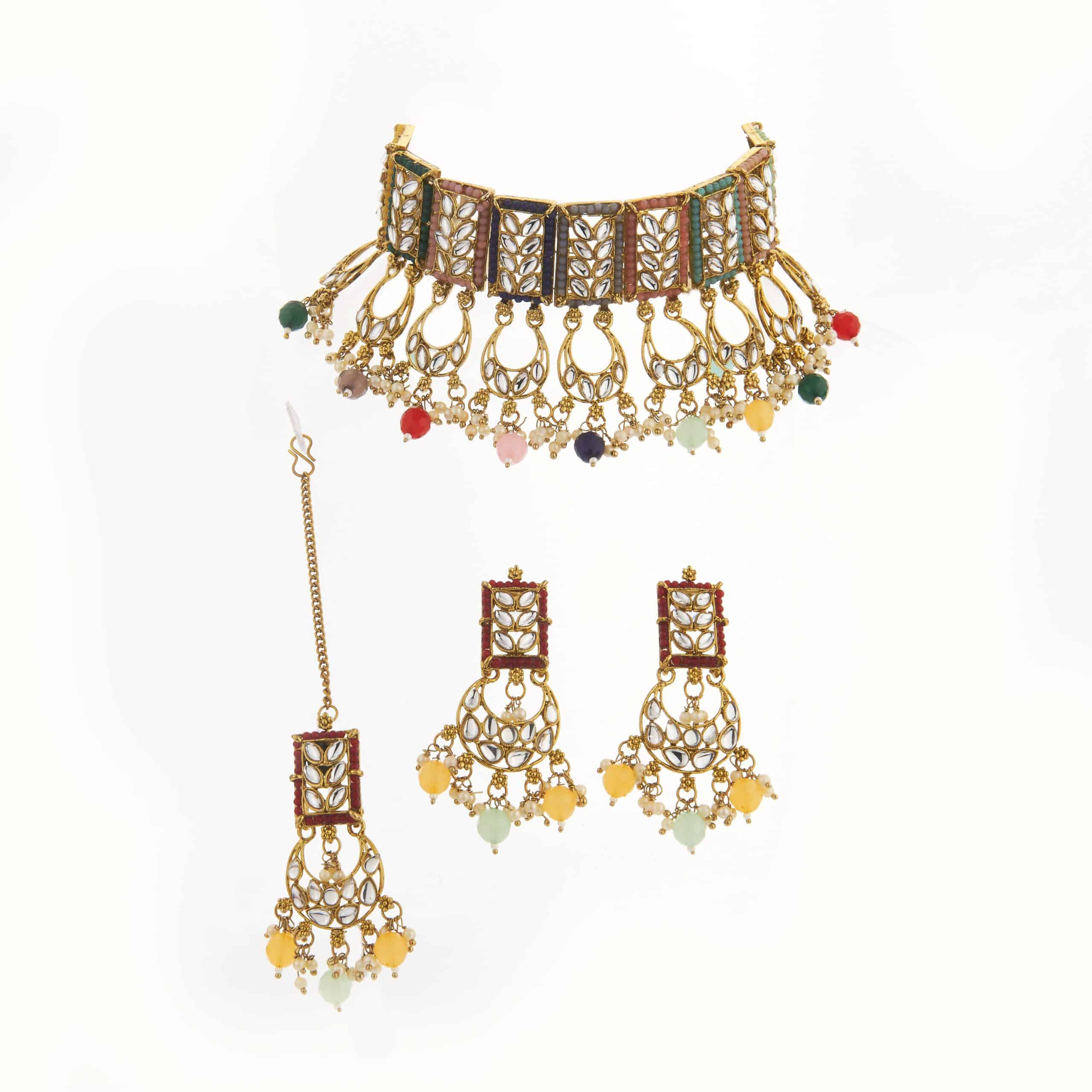 Buy Multi Color Kundan Necklace with Earrings and Maang Tikka