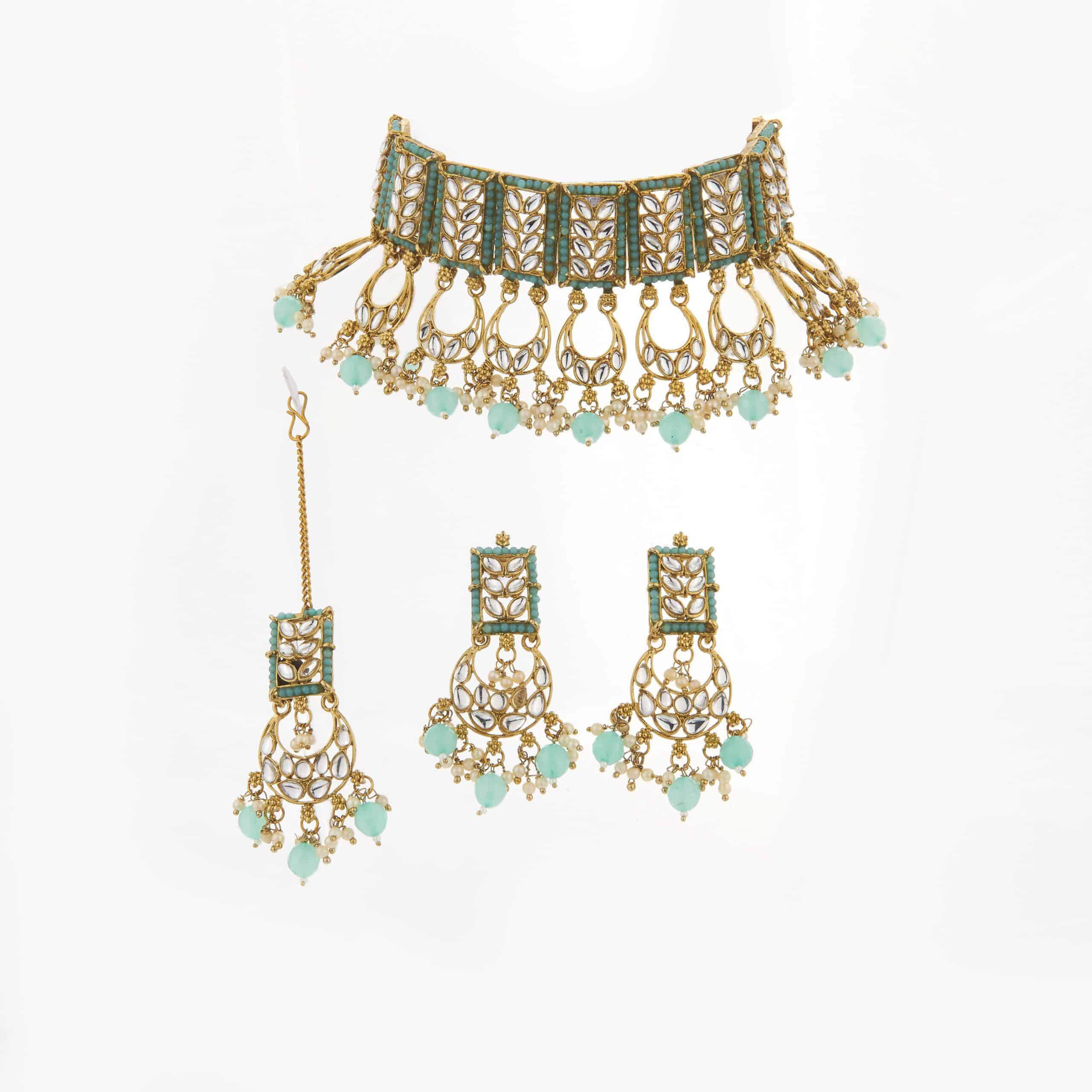 Buy Light Blue Kundan Necklace with Earrings and Maang Tikka