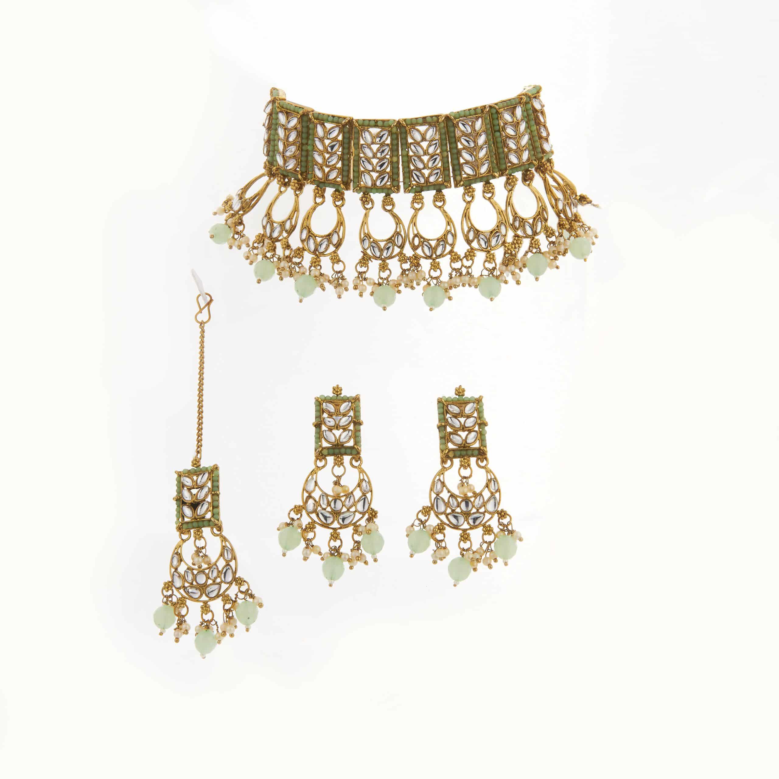 Buy Green Kundan Necklace with Earrings and Maang Tikka