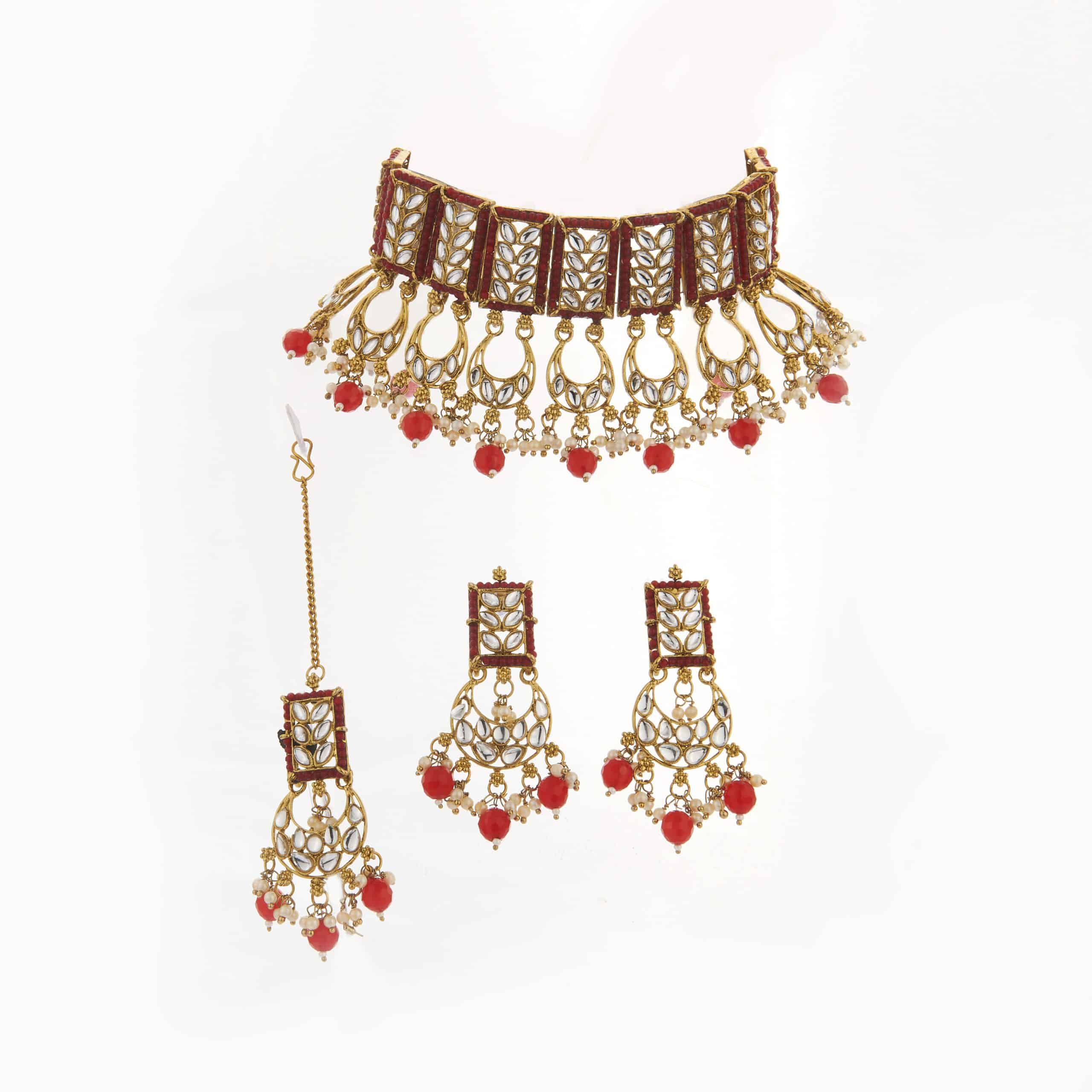 Buy Red Kundan Necklace with Earrings and Maang Tikka
