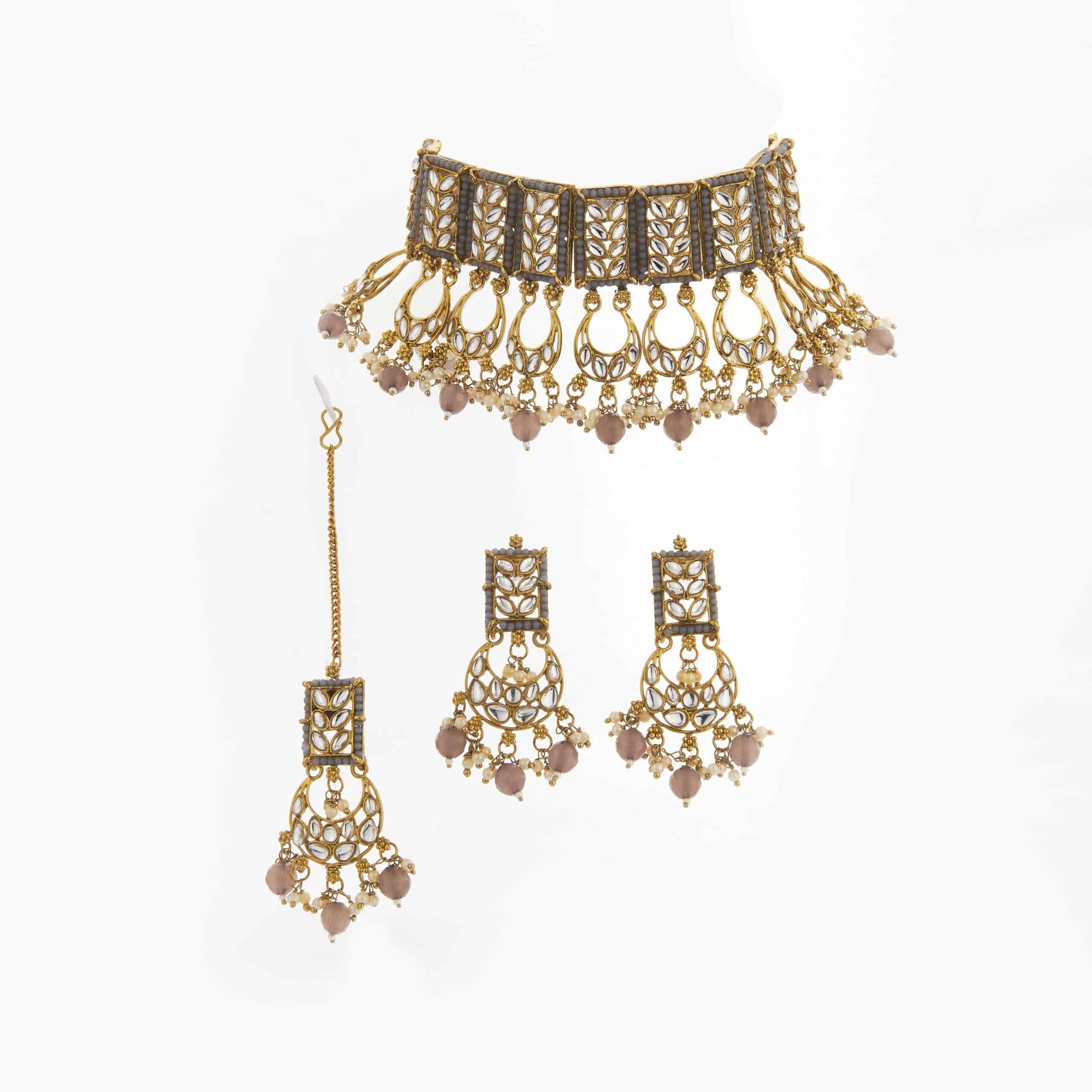 Buy Grey Kundan with White pearls and Pink Beads
