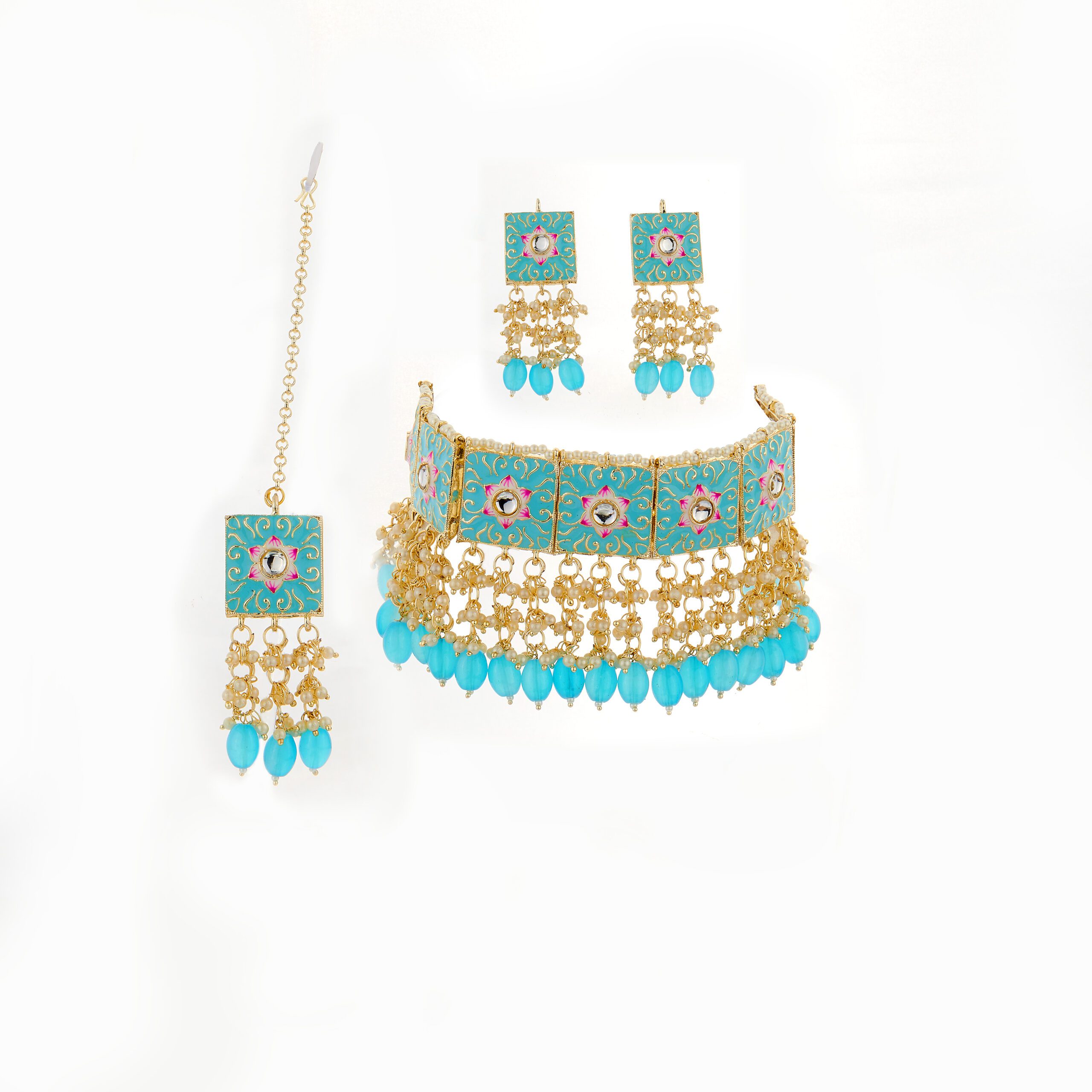 Meenakari Choker Necklace Set with Earrings with Maang Tikka